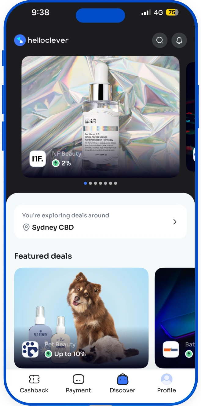 The Hello Clever app showing featured cashback deals around Sydney CBD