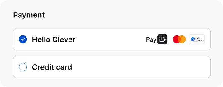 A checkout payment picker with Hello Clever selected above Credit card