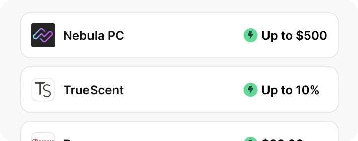 A list of stores — Nebula PC up to $500, TrueScent up to 10% — each with its instant cashback rate
