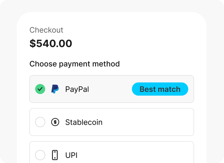 A $540.00 checkout with PayPal marked best match and stablecoin and UPI still selectable