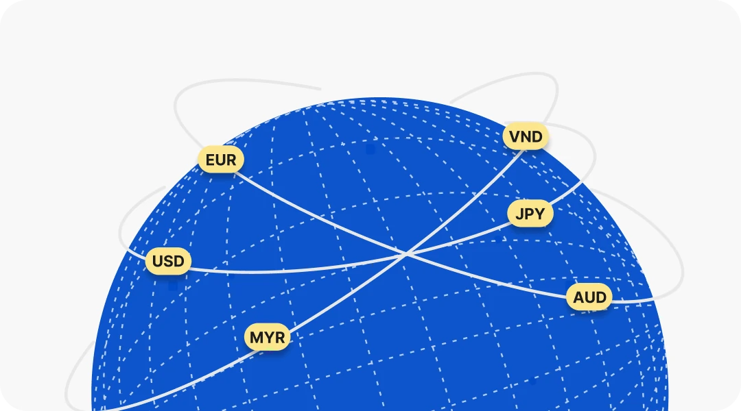 A globe linking USD, EUR, AUD, JPY, MYR and VND across one integration