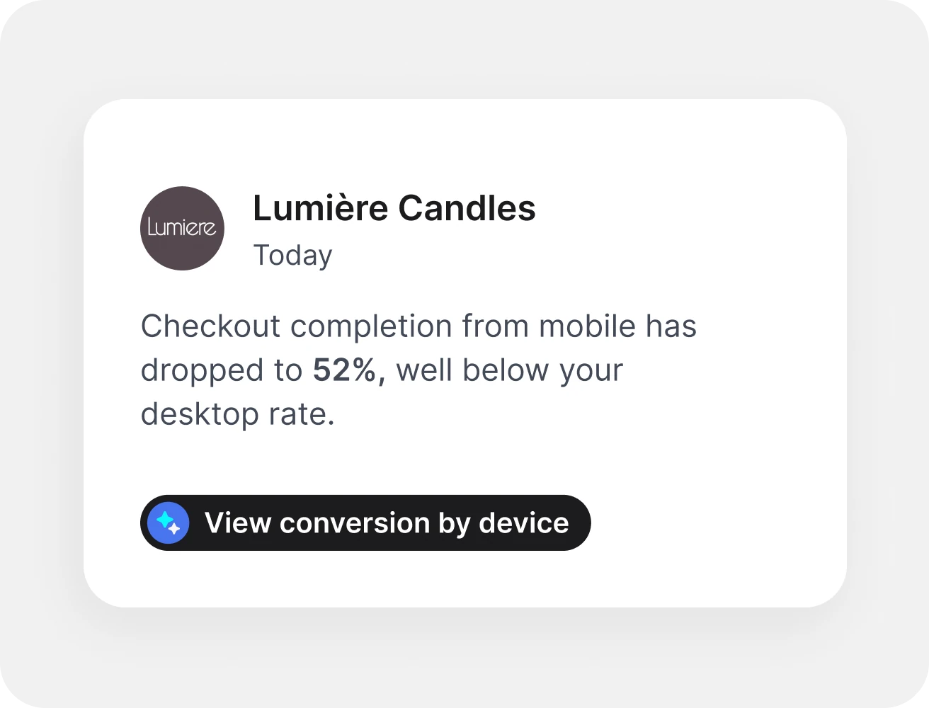 A Clever AI insight for Lumière Candles: mobile checkout completion has dropped to 52%