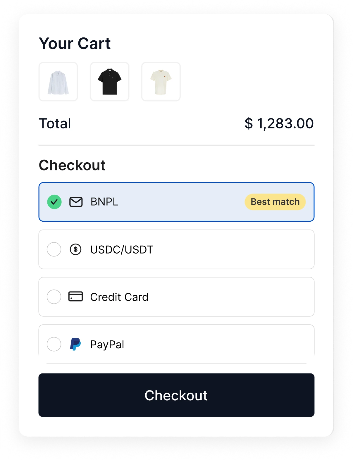 A cart checkout with BNPL marked as the best-match payment method