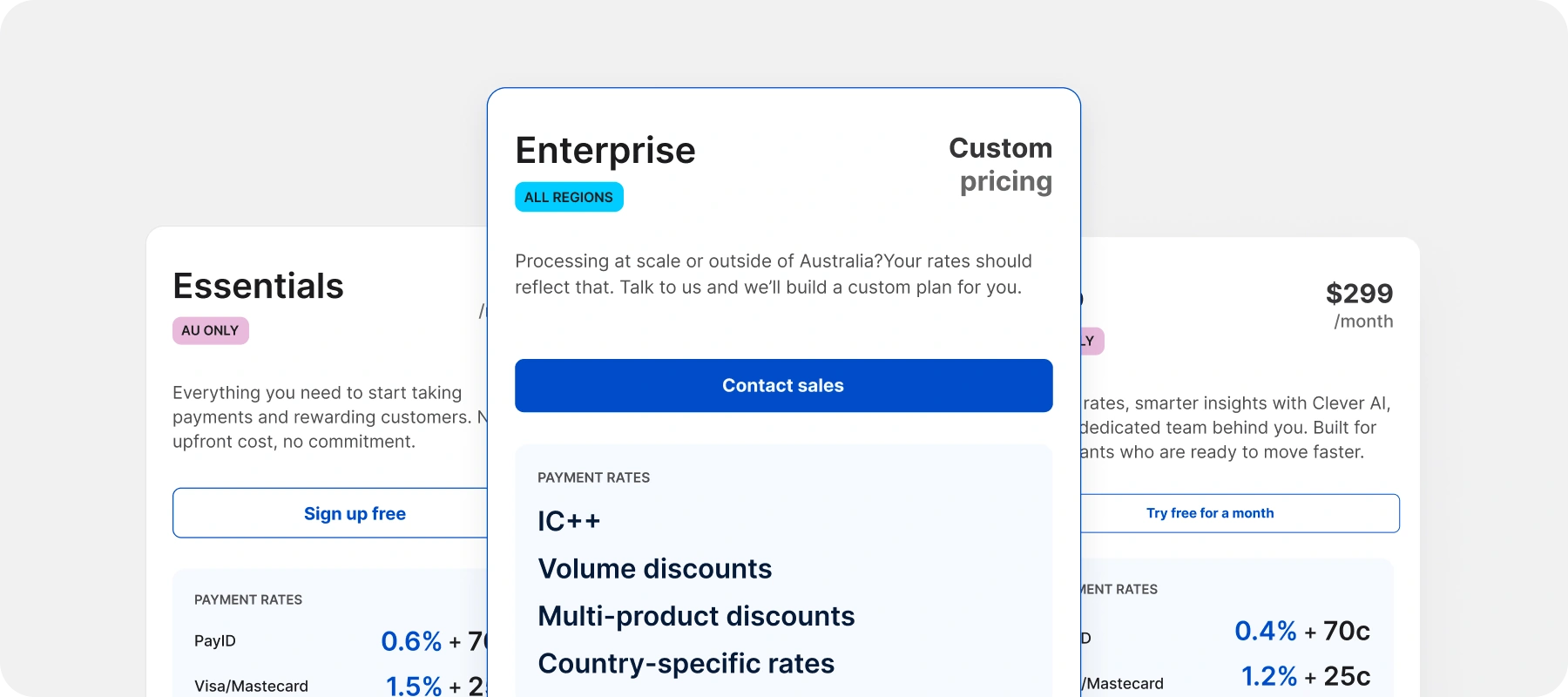 A preview of Hello Clever's pricing plans with the Enterprise tier's custom pricing to the front