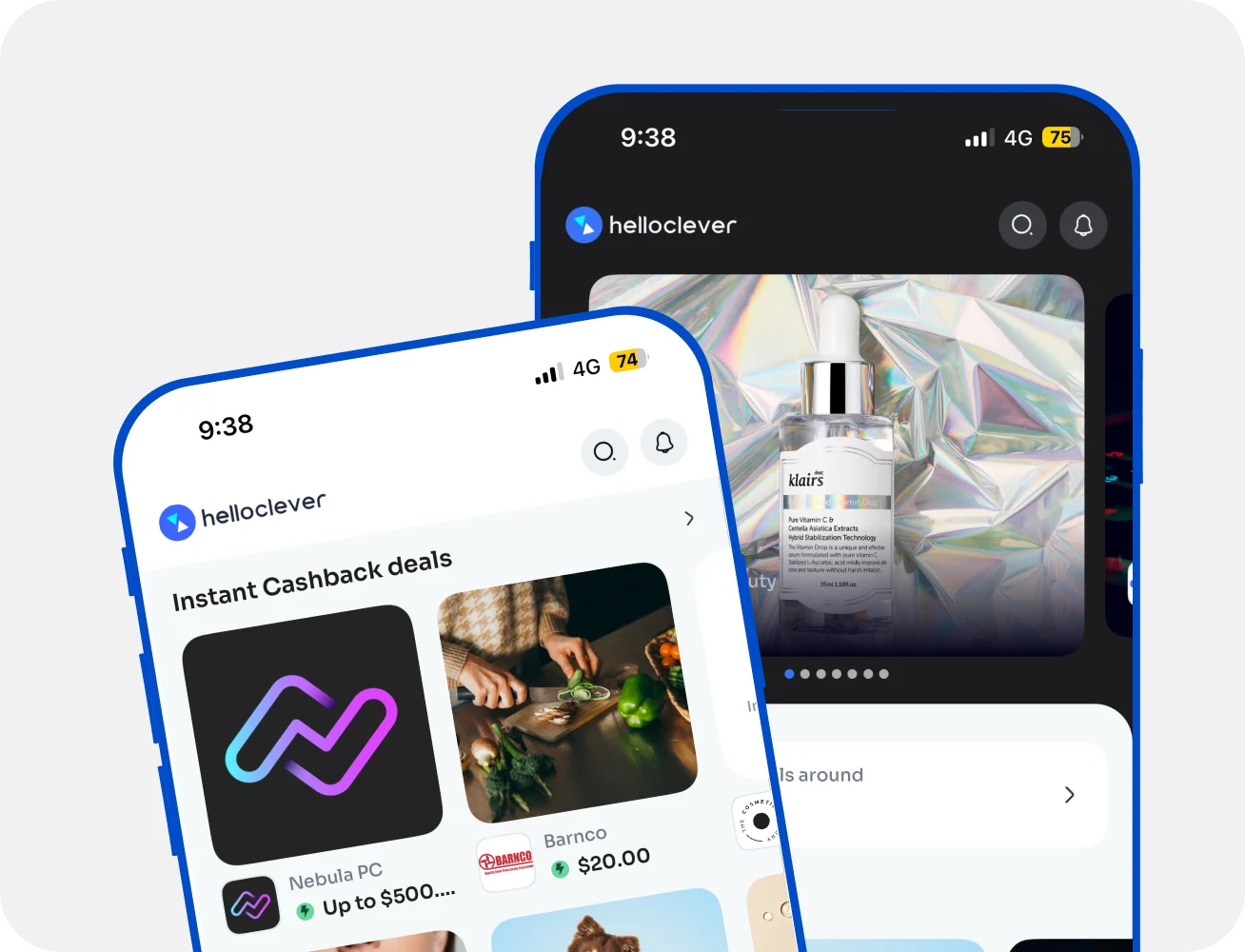 Two phones showing Instant Cashback deals and featured brand offers in the Hello Clever app
