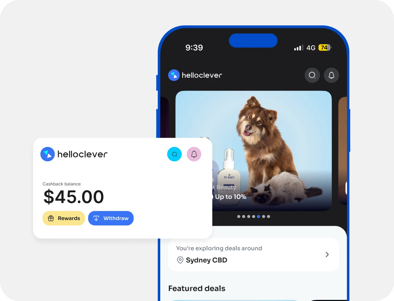 The Hello Clever app showing a $45.00 cashback balance with rewards and withdraw actions