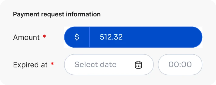 A payment request form with an amount of $512.32 and an expiry date field