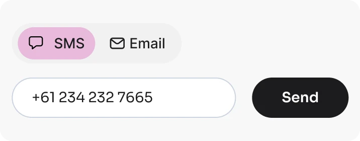 SMS and Email delivery tabs with a mobile number entered and a Send button