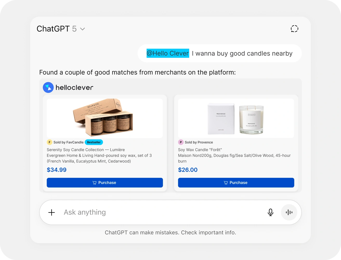 A ChatGPT conversation recommending Hello Clever merchant products for candles
