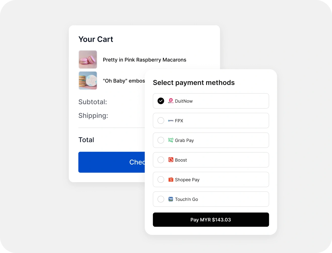 A checkout's payment method list showing DuitNow, FPX, GrabPay, Boost, ShopeePay and Touch'n Go
