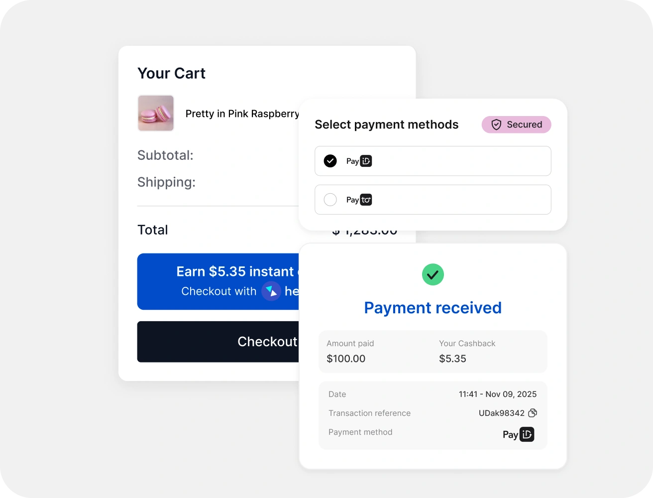 A checkout paying with PayID, then a payment received confirmation with $5.35 instant cashback
