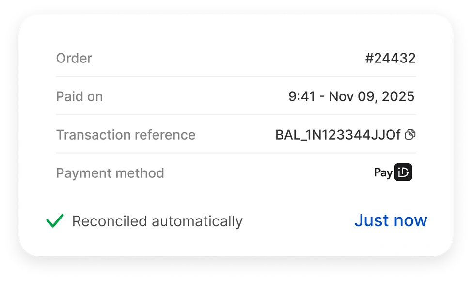 A transaction detail card for order #24432, reconciled automatically