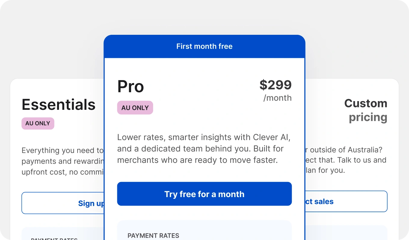 A preview of Hello Clever's Essentials, Pro and Custom pricing plans
