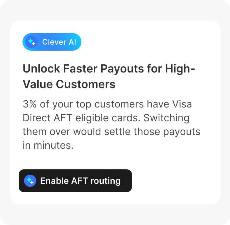 Clever AI recommending AFT routing to settle high-value payouts in minutes