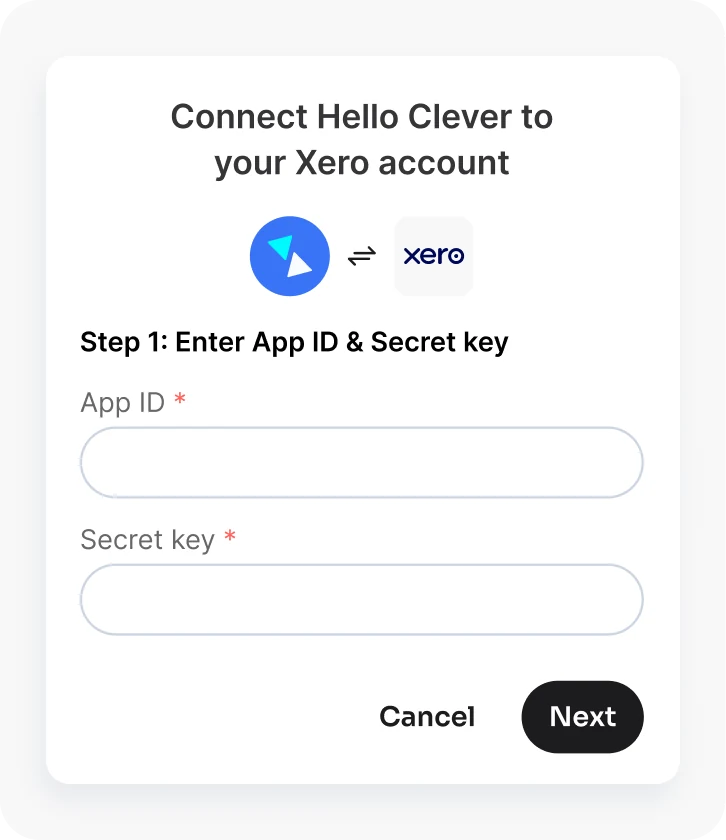 A dialog connecting Hello Clever to a Xero account with an App ID and secret key