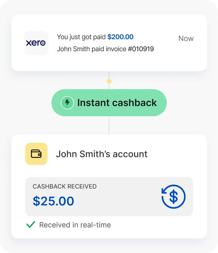 A notification that John Smith paid invoice #010919, with $25.00 of instant cashback received