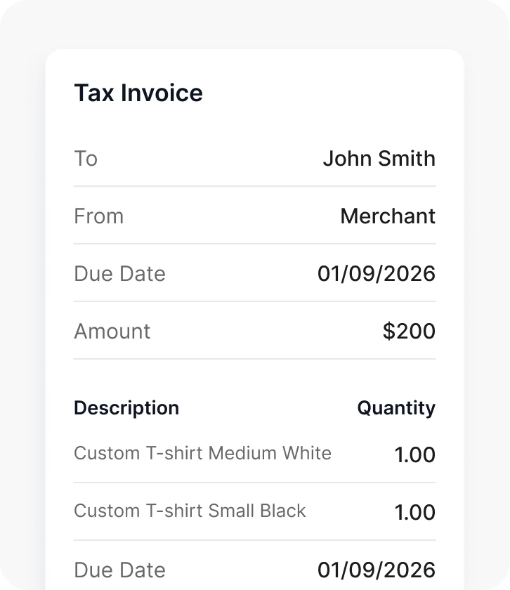 A tax invoice for John Smith listing two items and a $200 amount